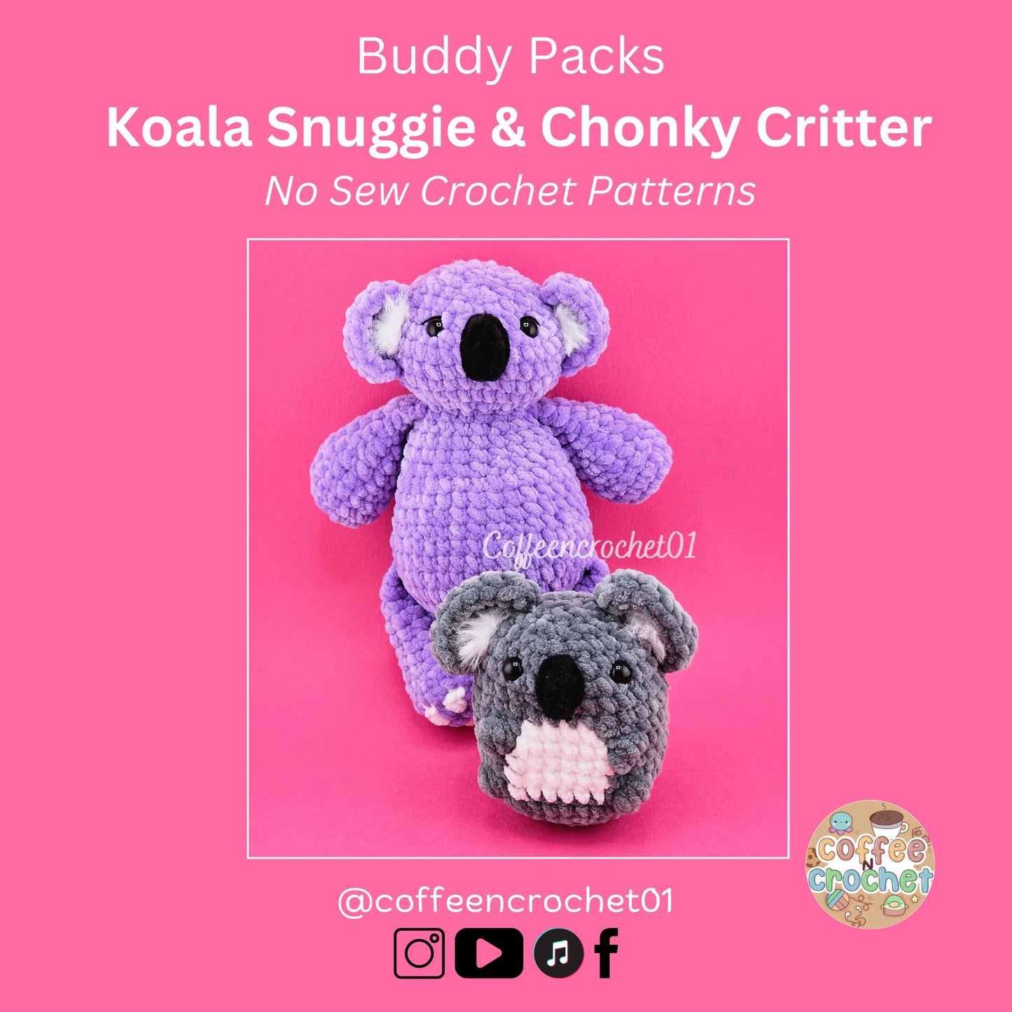 Unique and cute koala snuggly no sew crochet amigurumi pattern beginner friendly pack.
