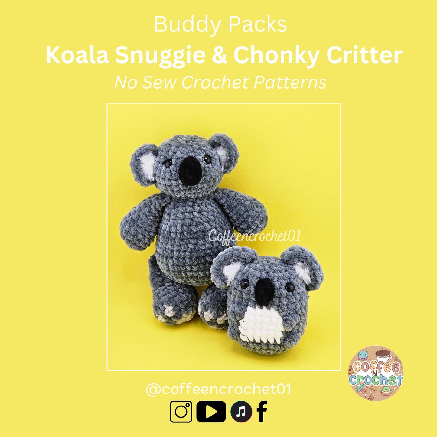 Unique and cute koala snuggly no sew crochet amigurumi pattern beginner friendly pack.