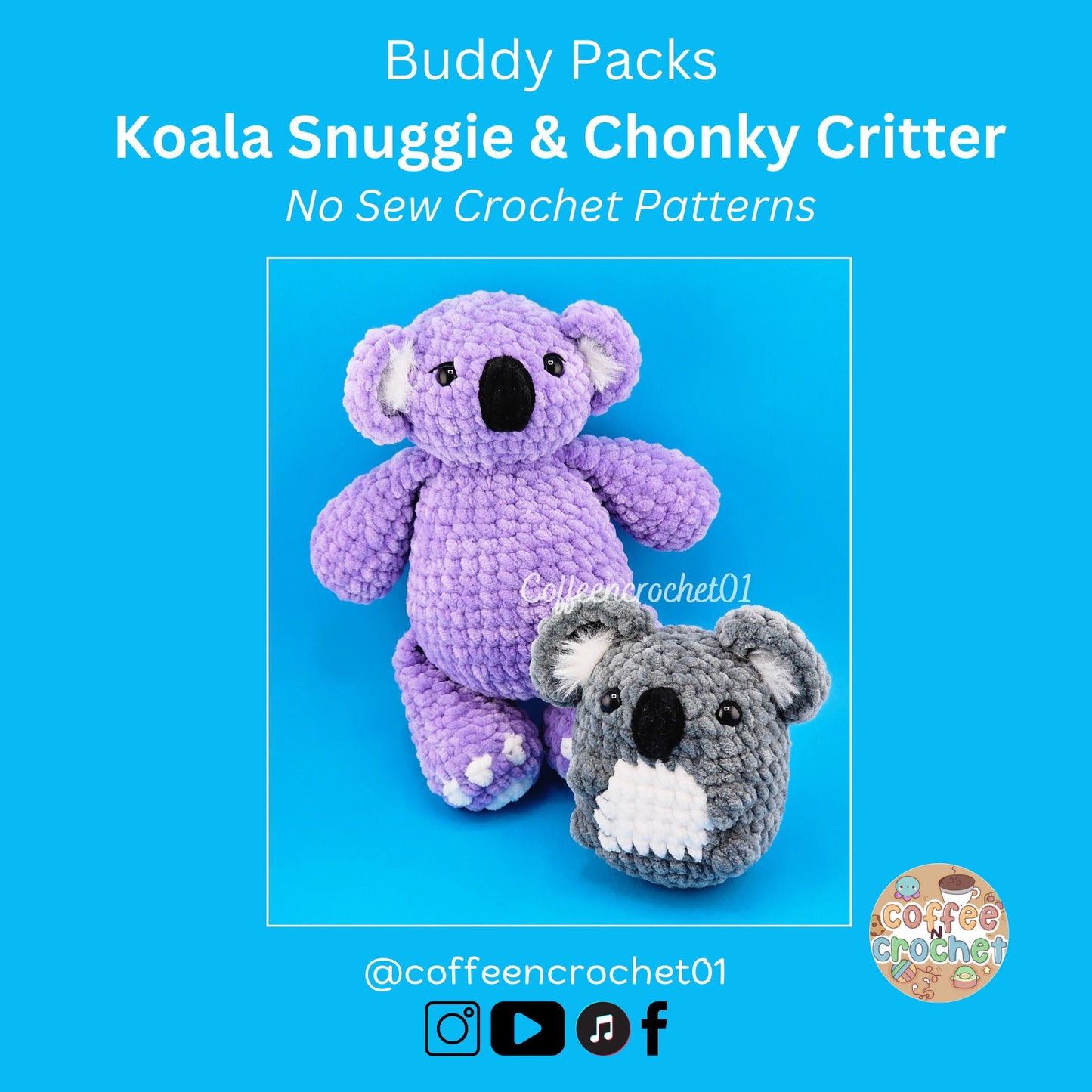 Unique and cute koala snuggly no sew crochet amigurumi pattern beginner friendly pack.