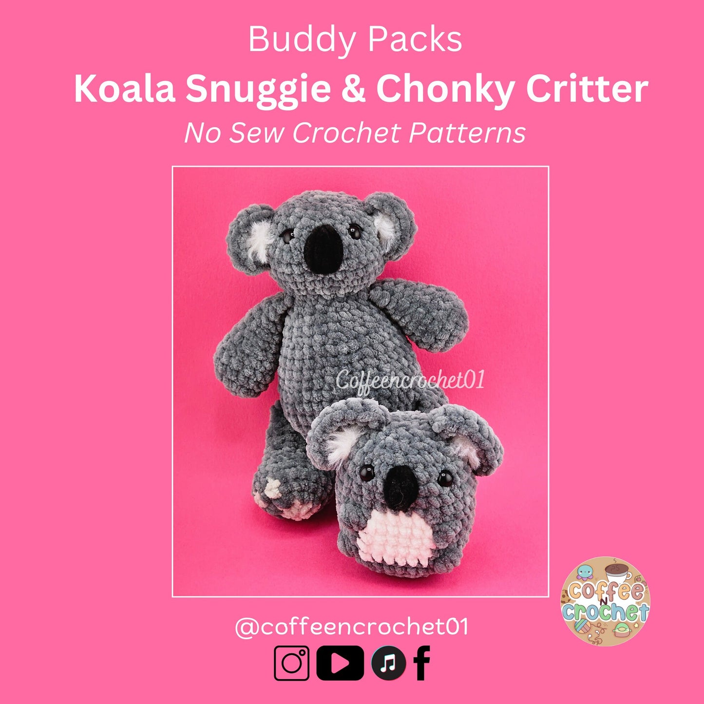 Unique and cute koala snuggly no sew crochet amigurumi pattern beginner friendly pack.