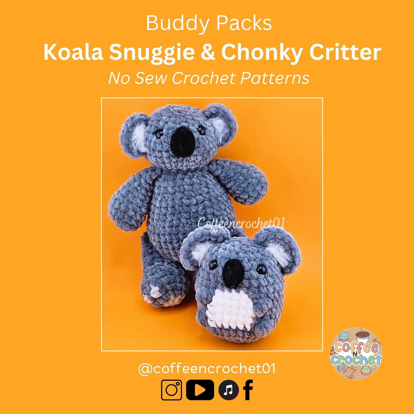 Unique and cute koala snuggly no sew crochet amigurumi pattern beginner friendly pack.
