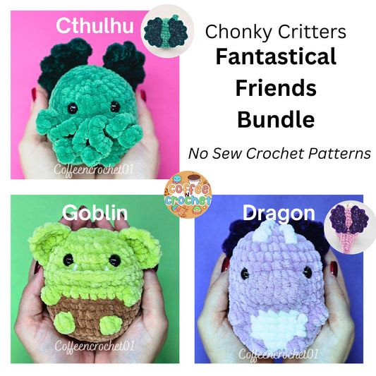 Cthulhu Goblin and Dragon crochet amigurumi crochet beginner friendly pattern