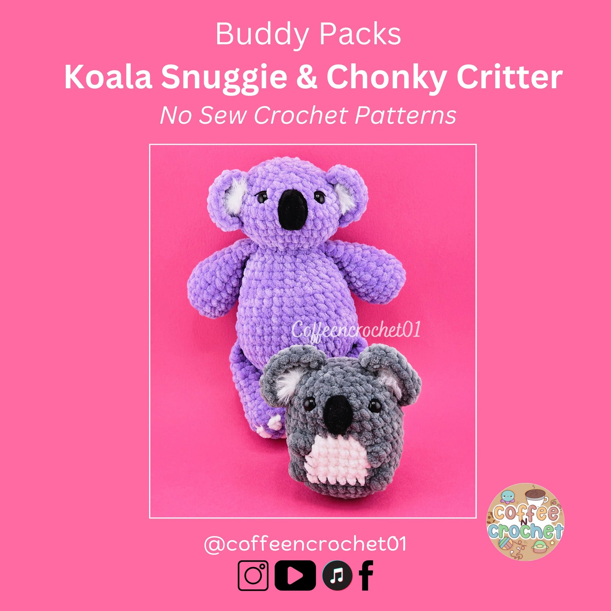 Unique and cute koala snuggly no sew crochet amigurumi pattern beginner friendly pack.