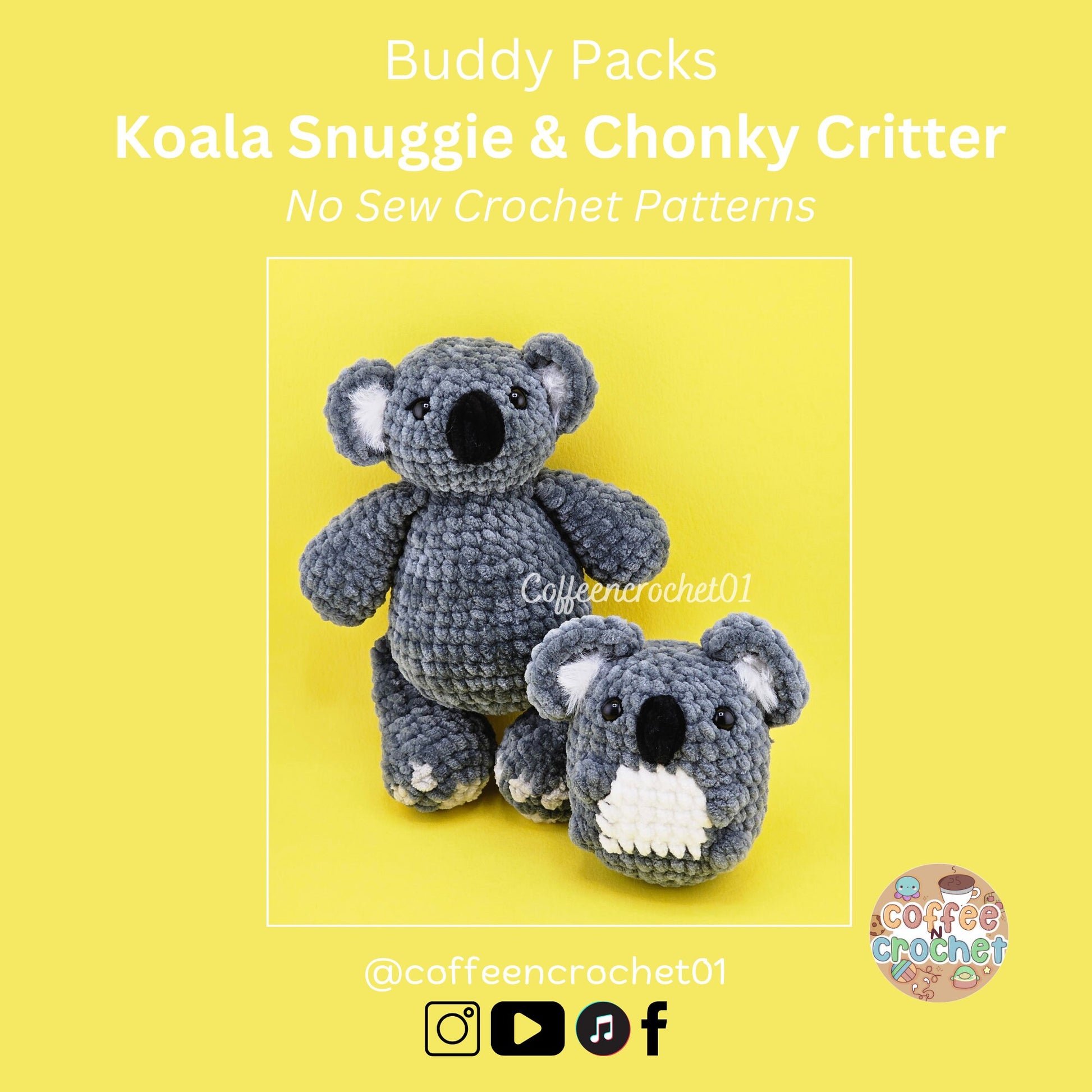 Unique and cute koala snuggly no sew crochet amigurumi pattern beginner friendly pack.